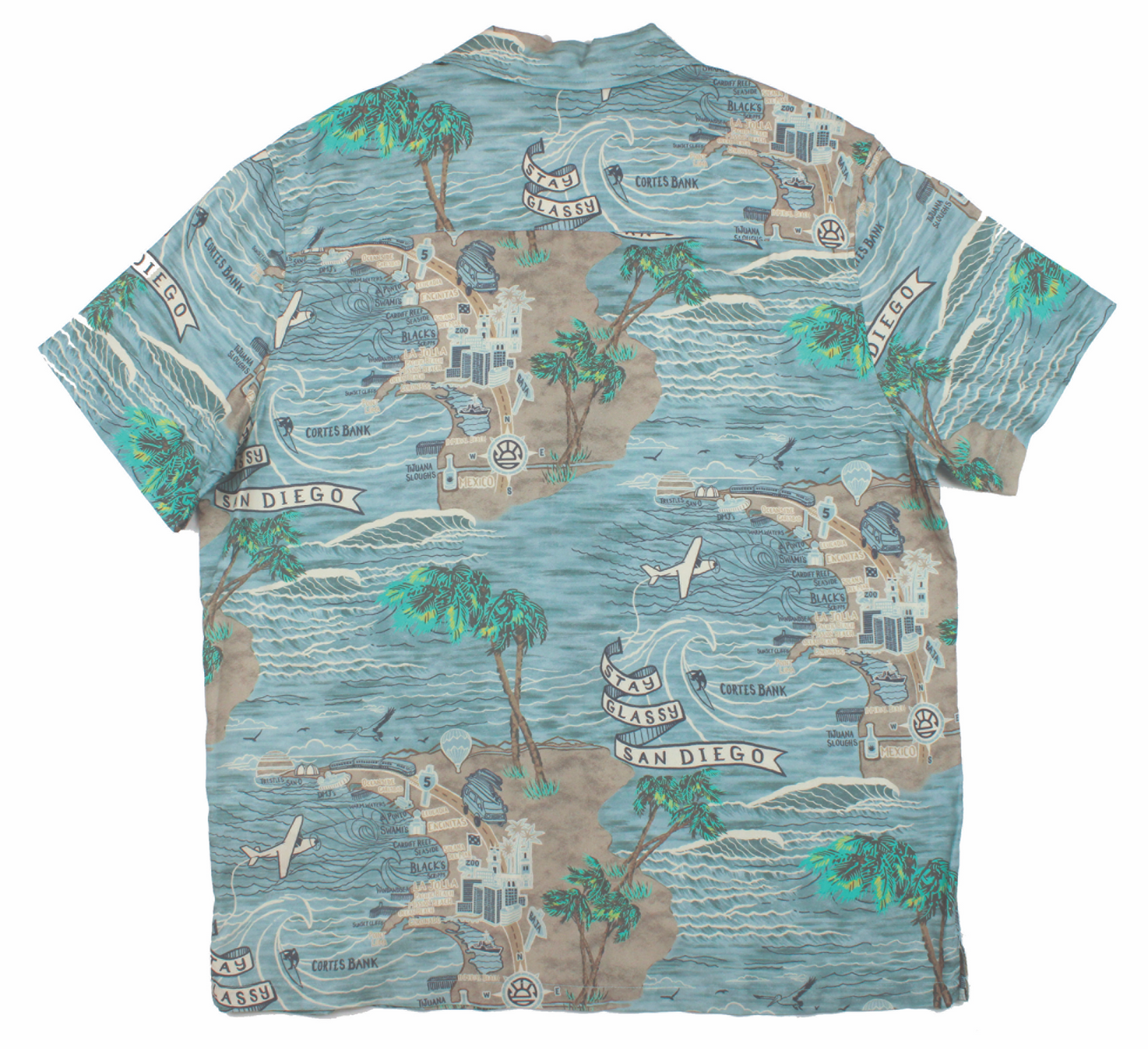 Distant Local Stay Glassy San Diego Surf Map Aloha Shirt in teal and sand - camp collar, coconut buttons, short sleeve, allover print