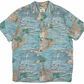 Distant Local Stay Glassy San Diego Surf Map Aloha Shirt in teal and sand - camp collar, coconut buttons, short sleeve, allover print