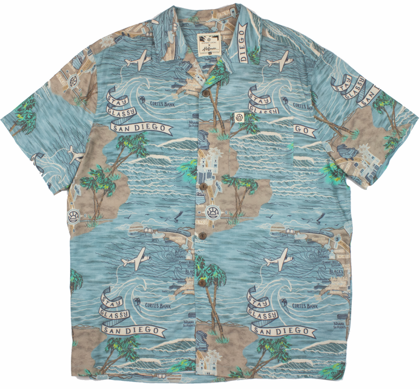 Distant Local Stay Glassy San Diego Surf Map Aloha Shirt in teal and sand - camp collar, coconut buttons, short sleeve, allover print