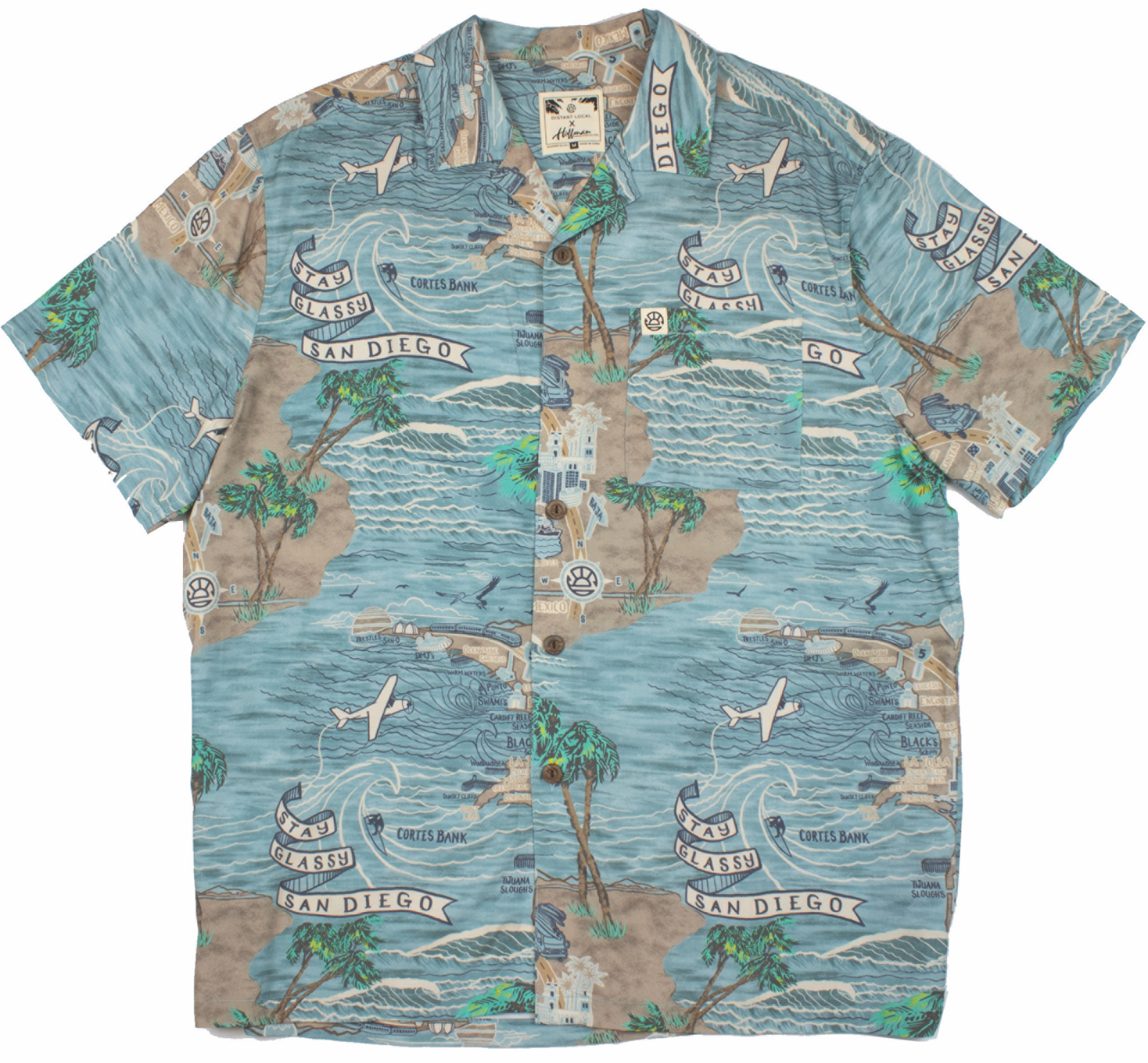 Distant Local Stay Glassy San Diego Surf Map Aloha Shirt in teal and sand - camp collar, coconut buttons, short sleeve, allover print